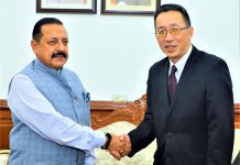 Singapore Minister in PMO Loh Khum Yean,currently on India visit, calling on Union Minister Dr Jitendra Singh at North Block, New Delhi on Thursday.