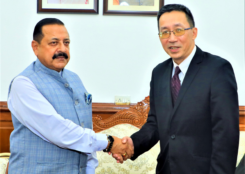 Singapore Minister in PMO Loh Khum Yean,currently on India visit, calling on Union Minister Dr Jitendra Singh at North Block, New Delhi on Thursday.
