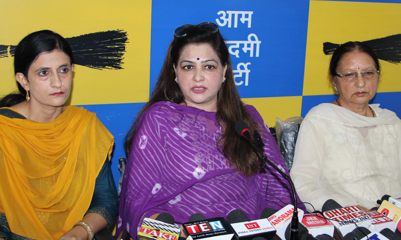 AAP women wing Jammu province president Namrata Sharma addressing a press conference at Jammu. -Excelsior/Rakesh