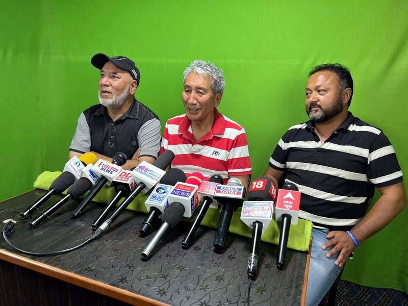 TSG members during a press conference in Kargil on Friday. -Excelsior/Basharat Ladakhi TSG members during a press conference in Kargil on Friday. -Excelsior/Basharat Ladakhi