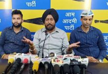 AAP spokesperson T S Tony addressing a press conference at Jammu on Saturday.