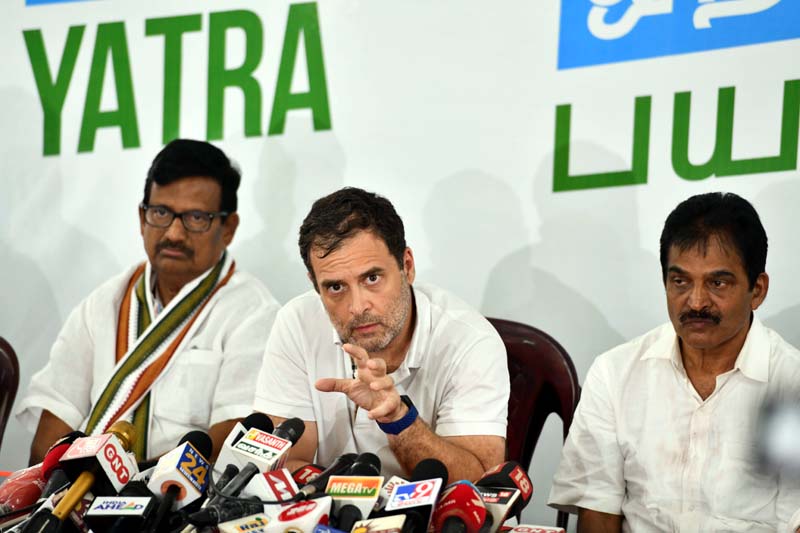 Congress leader Rahul Gandhi addressing at a press conference during party's Bharat Jodo Yatra in at Puliyoorkurichy in Kanyakumari on Friday. (UNI) Congress leader Rahul Gandhi addressing at a press conference during party's Bharat Jodo Yatra in at Puliyoorkurichy in Kanyakumari on Friday. (UNI)