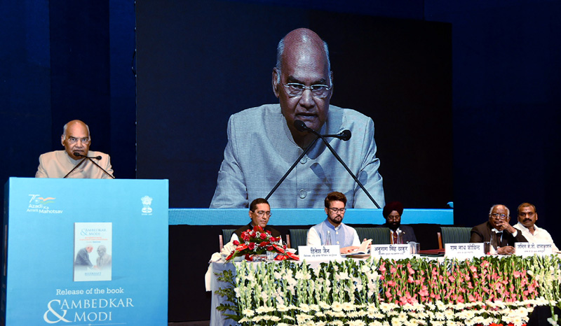 Former President of India, Ram Nath Kovind addressing at the release of the book titled ‘Ambedkar and Modi: Reformer’s Ideas Performer’s Implementation’, in New Delhi on Friday.