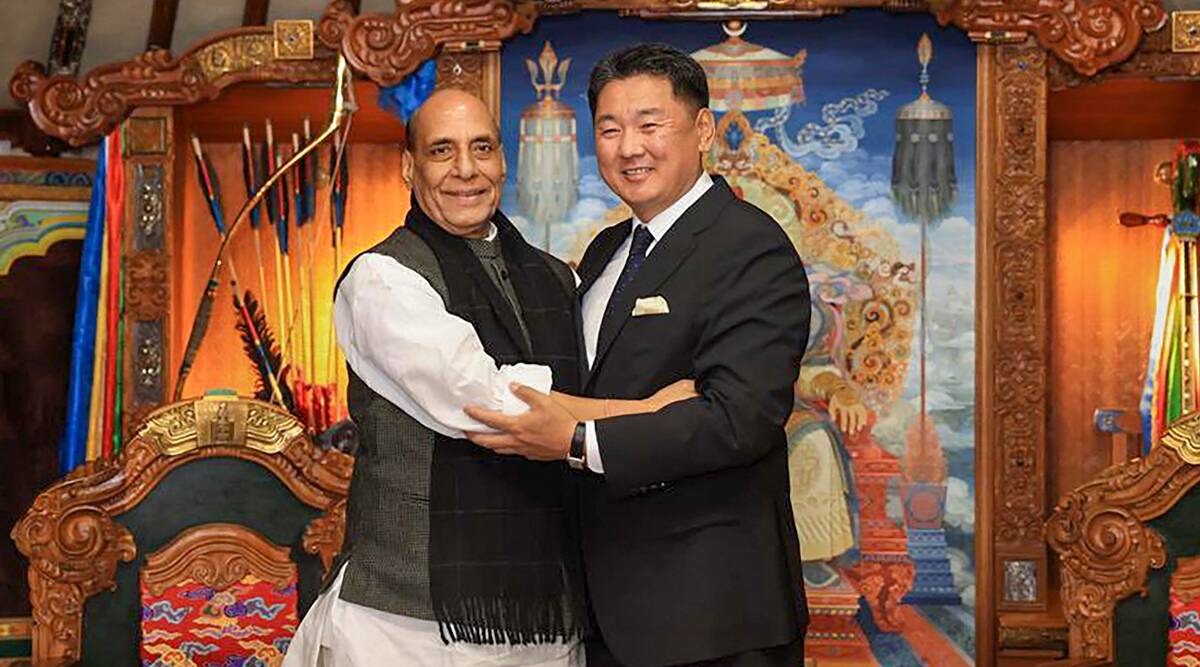 Union Defence Minister Rajnath Singh with Mongolian President and Commander-in-Chief of Armed Forces Ukhnaagiin Khürelsükh during a meeting, in Ulaanbaatar, Mongolia.