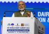 Prime Minister Narendra Modi addressing at the inauguration of the International Dairy Federation World Dairy Summit (IDF WDS) 2022, organised at India Expo Centre and Mart, Greater Noida on Monday. (UNI)