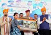 Union Minister for Information and Braoadcasting and Youth Affairs and Sports Anurag Thakur, Himachal Pradesh Chief Minister Jai Ram Thakur and former Chief Minister Prem Kumar Dhumal at the inauguration of public welfare projects, in Sujanpur (Himachal Pradesh) on Friday. (UNI)