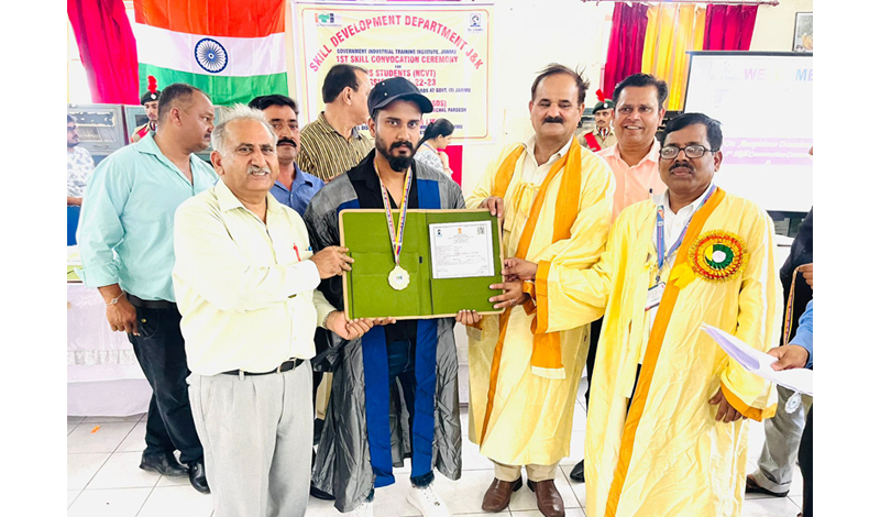 A pass out student being awarded with a degree by the dignitaries in an event in Jammu on Saturday. A pass out student being awarded with a degree by the dignitaries in an event in Jammu on Saturday.