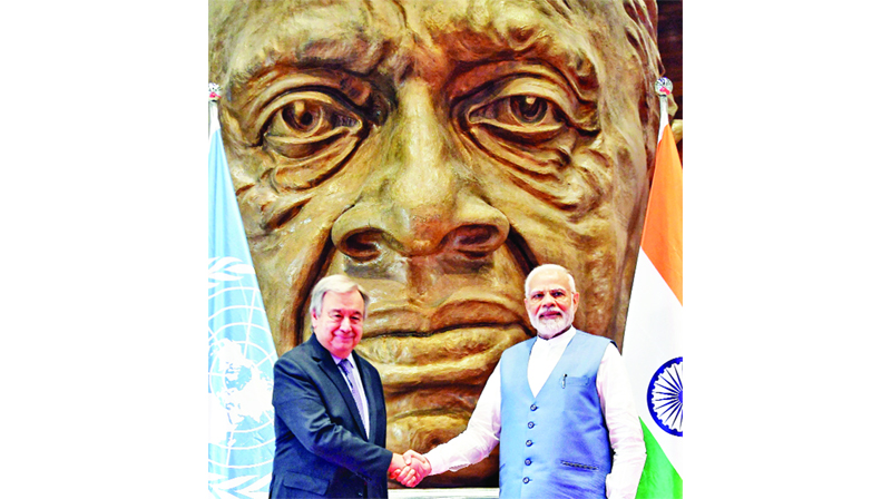 Prime Minister Narendra Modi meeting UN Secretary-General Antonio Guterres at Statue of Unity in Kevadia on Thursday. (UNI) Prime Minister Narendra Modi meeting UN Secretary-General Antonio Guterres at Statue of Unity in Kevadia on Thursday. (UNI)