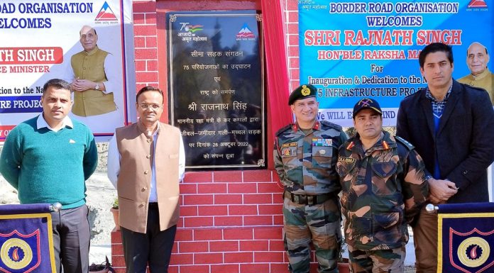 Officials at Kupwara during e-inauguration of projects by Defence Minister Rajnath Singh on Friday.