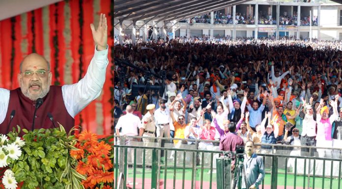 Union Home Minister Amit Shah addressing a mammoth public meeting in Rajouri on Tuesday.