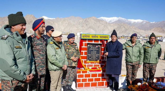 Defence Minister Rajnath Singh inaugurating 75 projects at Shyok in Leh district on Friday.