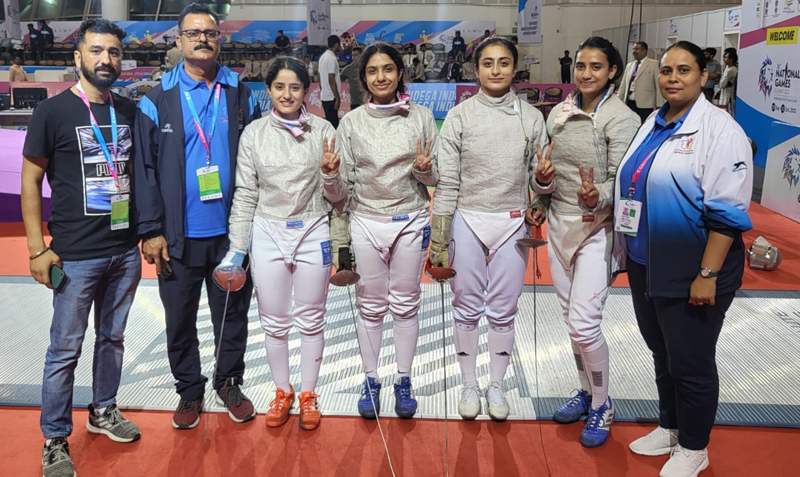 Fencing team posing for a group photograph in Gujarat on Friday.