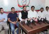 JKPCC president, Vikar Rasool Wani, flanked by others addressing press conference in Jammu on Tuesday. -Excelsior/Rakesh