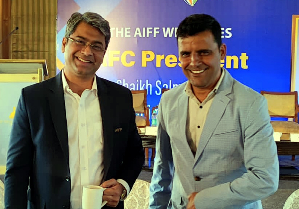 Arun Malhotra posing with AIFF president Kalyan Chouby at Navi Mumbai. Arun Malhotra posing with AIFF president Kalyan Chouby at Navi Mumbai.