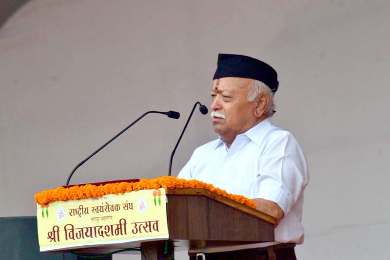 RSS Sarsanghchalak Dr Mohan Bhagwat addressing during Vijayadashmi festival celebration in Nagpur on Wednesday.(UNI )