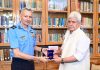 Air Vice Marshal Praveen Keshav Vohra in a meeting with LG Manoj Sinha in Srinagar on Friday.