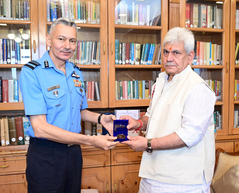 Air Vice Marshal Praveen Keshav Vohra in a meeting with LG Manoj Sinha in Srinagar on Friday. Air Vice Marshal Praveen Keshav Vohra in a meeting with LG Manoj Sinha in Srinagar on Friday.