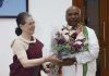 Newly elected Congress president Mallikarjun Kharge being greeted by Sonia Gandhi in New Delhi on Wednesday.(UNI)