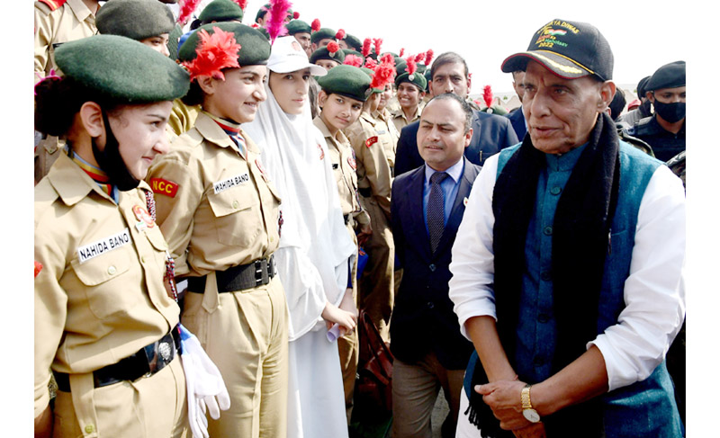 Defence Minister Rajnath Singh interacting with NCC cadets during the 75th anniversary of Infantry Day in Budgam on Thursday. -Excelsior/Shakeel Defence Minister Rajnath Singh interacting with NCC cadets during the 75th anniversary of Infantry Day in Budgam on Thursday. -Excelsior/Shakeel