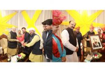 Union Home Minister Amit Shah meeting delegations of Paharis and Dogra Samaj at Raj Bhawan in Jammu on Monday. Another pic on page 4.