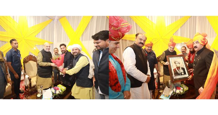 Union Home Minister Amit Shah meeting delegations of Paharis and Dogra Samaj at Raj Bhawan in Jammu on Monday. Another pic on page 2.