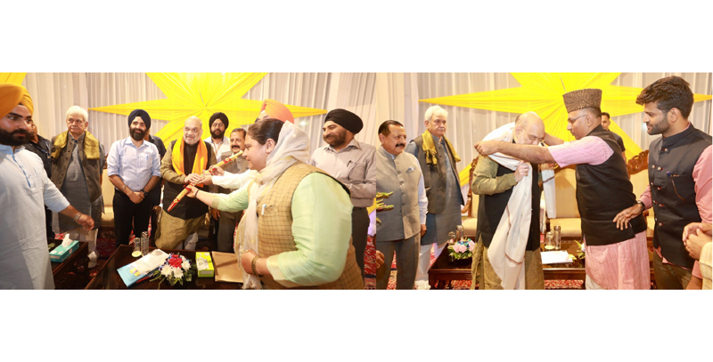 Union Home Minister Amit Shah meeting delegations of Sikhs and Gujjars at Raj Bhawan in Jammu on Monday.