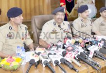 DGP Dilbag Singh and other senior officers at a press conference in Jammu on Sunday. -Excelsior/Rakesh