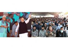 Home Minister Amit Shah addressing a massive rally at Showkat Ali Stadium in North Kashmir’s Baramulla district on Wednesday. -Excelsior/Aabid Nabi