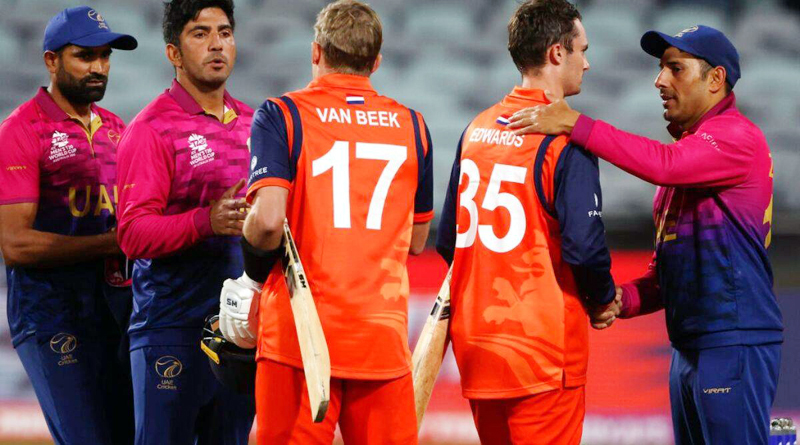 Netherland players shaking hands with UAE players after win at Geelong on Sunday. Netherland players shaking hands with UAE players after win at Geelong on Sunday.