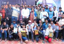 Winners posing for a group photograph at Water Sports Centre Nigeen in Srinagar on Saturday.