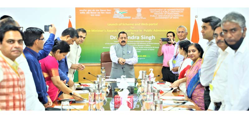 Union Minister Dr Jitendra Singh launching the portal for PM Excellence Awards 2022, at Sardar Patel Bhavan, New Delhi on Monday.