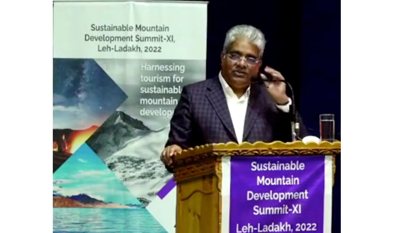 Union Minister for Environment, Forest and Climate Change Bhupender Yadav speaking at the 11th Edition of the Sustainable Mountain Development Summit in Ladakh on Monday. Union Minister for Environment, Forest and Climate Change Bhupender Yadav speaking at the 11th Edition of the Sustainable Mountain Development Summit in Ladakh on Monday.