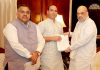 BJP general secretary J&K and former Minister, Sunil Sharma giving a memorandum to Union Home Minister, Amit Shah at New Delhi on Saturday. BJP national general secretary, Tarun Chugh is also seen in the picture.