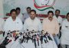 JKPCC chief Vikar Rasool Wani, flanked by others addressing press conference in Jammu on Wednesday. -Excelsior/Rakesh