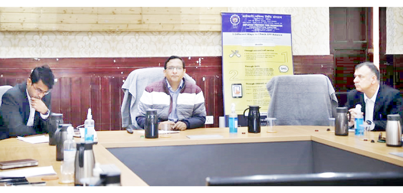 Regional PF Commissioner Rizwan Uddin addressing a meeting in Leh on Monday.