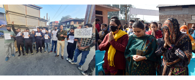 Civil society protesting against Kashmiri Pandit killing in Anantnag (L) Kashmiri Pandits paying tribute to Pooran Krishan at Srinagar (R). -Excelsior/Sajjad Dar/Shakeel Civil society protesting against Kashmiri Pandit killing in Anantnag (L) Kashmiri Pandits paying tribute to Pooran Krishan at Srinagar (R). -Excelsior/Sajjad Dar/Shakeel