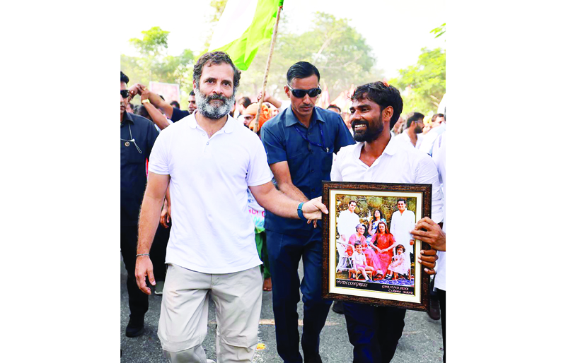 Congress leader Rahul Gandhi during the party's Bharat Jodo Yatra, in Narayanpet district on Friday. (UNI) Congress leader Rahul Gandhi during the party's Bharat Jodo Yatra, in Narayanpet district on Friday. (UNI)