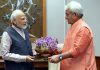 Lt Governor Manoj Sinha presenting J&K’s Saffron to Prime Minister Narendra Modi in New Delhi on Sunday.