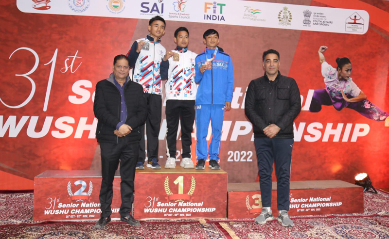 Winners displaying medals during Wushu Championship at Srinagar on Sunday. Winners displaying medals during Wushu Championship at Srinagar on Sunday.