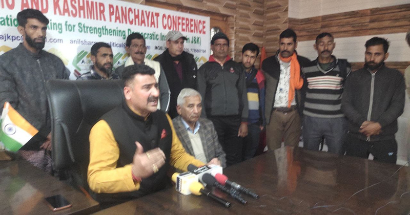 AJKPC president, flanked by others addressing press conference in Jammu on Thursday. AJKPC president, flanked by others addressing press conference in Jammu on Thursday.
