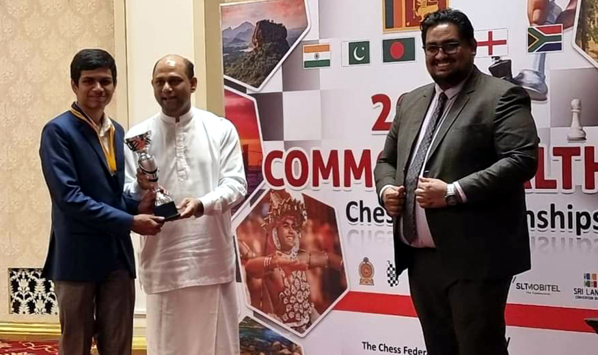 Soham Kamotra is awarded the trophy in Sri Lanka.