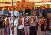 MP Jugal Kishore Sharma, BJP general secretary (Org), Ashok Koul and other senior party leaders welcoming new entrants in party at village Badhori in Bari Brahmana on Tuesday.