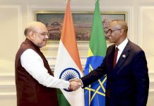 Union Home Minister Amit Shah with Minister of Peace of Federal Democratic Republic of Ethiopia, Binalf Andualem during a meeting, in New Delhi on Saturday.