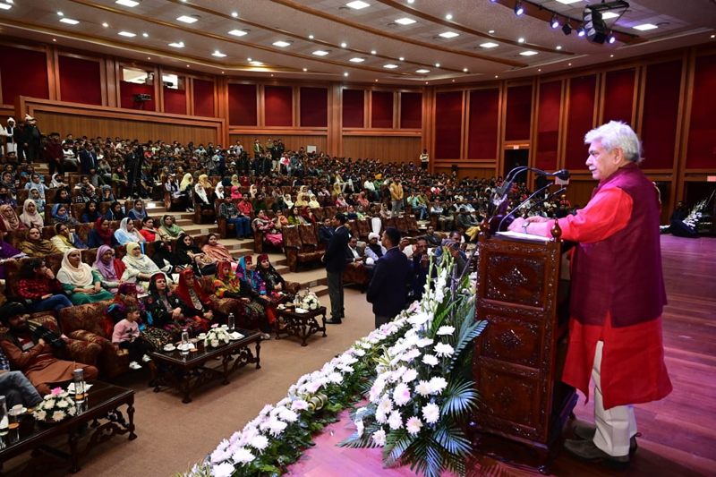 LG Manoj Sinha addressing ‘Janjatiya Samagam’ in Jammu on Tuesday. LG Manoj Sinha addressing ‘Janjatiya Samagam’ in Jammu on Tuesday.