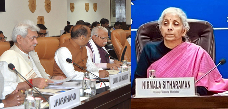Finance Minister Nirmala Sitharaman holding budget discussions with States/UTs in New Delhi on Friday. LG Manoj Sinha was also present.