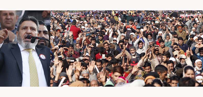 Apni Party president Altaf Bukhari addressing a mega rally in Srinagar on Saturday. -Excelsior/Shakeel Apni Party president Altaf Bukhari addressing a mega rally in Srinagar on Saturday. -Excelsior/Shakeel