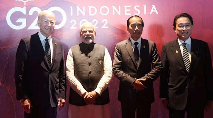 Prime Minister Narendra Modi posing with US President Joe Biden, Indonesian President Joko Widodo and Japanese PM Fumio Kishida at the G20 Summit in Bali (Indonesia) on Tuesday. (UNI)