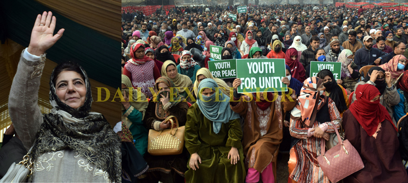 PDP president Mehbooba Mufti addressing youth convention in Srinagar on Sunday. -Excelsior/Shakeel PDP president Mehbooba Mufti addressing youth convention in Srinagar on Sunday. -Excelsior/Shakeel