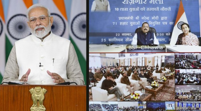 Prime Minister Narendra Modi speaking at ‘Rozgar Mela’ in New Delhi on Tuesday.