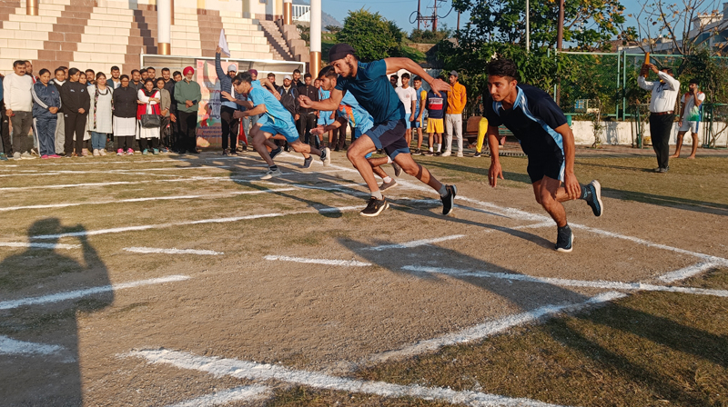 Players in action during the ‘Athletics Meet’ at Reasi on Sunday.